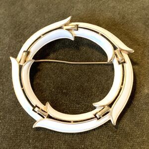 Vintage Signed Trifari White Enamel Circle Brooch Mid Century Modern Pin
